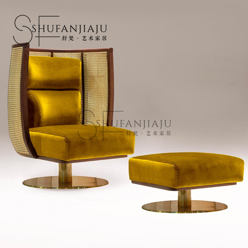 北欧简易设计金属实木藤编高靠背客厅阳台家用休闲时尚单人沙发椅