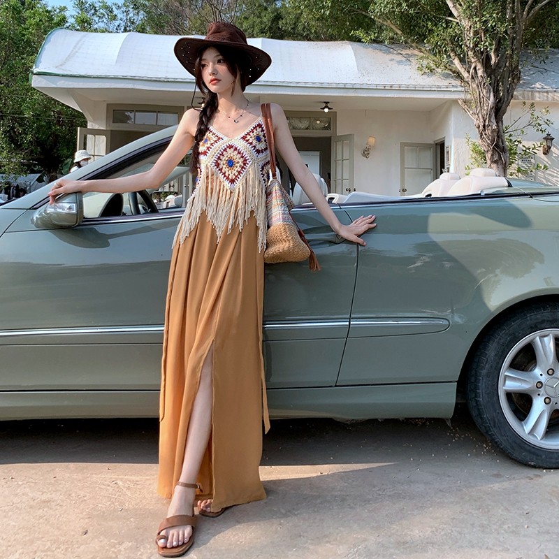 民族风A形雪纺纯色吊带两件套