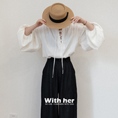 绑带系带白色衬衫 与她原创小众设计法式 复古中古风休闲泡泡袖 上衣