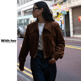 与她原创小众设计复古灯芯绒老钱风抽绳拉链夹克衫 上衣外套女 短款