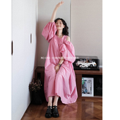 泡泡袖 与她原创小众设计 多巴胺玫粉红色甜美露肩长裙法式 连衣裙