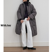 与她原创小众设计 简约翻领绗线90白鸭绒中长款 加厚羽绒服外套女