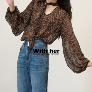 衬衫 复古高智感波点豹纹印花系带透明长袖 法式 与她原创小众设计