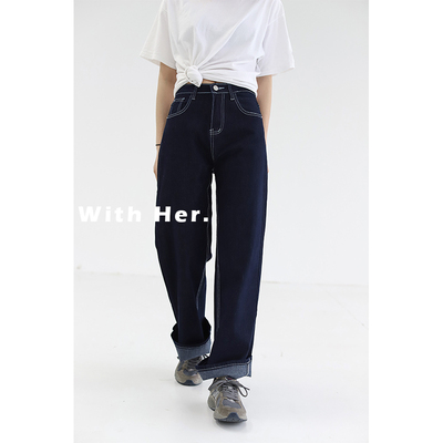 复古深蓝色日式牛仔长裤女