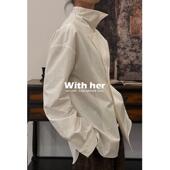 与她原创小众设计法式 肌理感交错立领不规则松弛感阔型白衬衫 衬衣