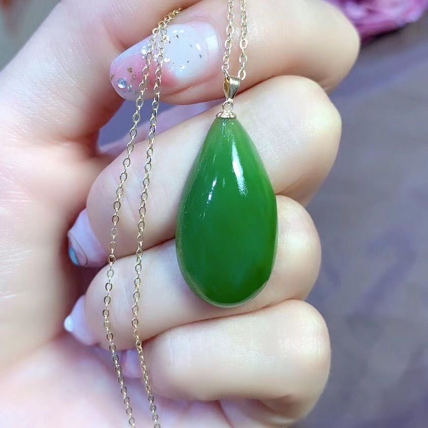 天然和田玉碧玉水滴18K吊坠项链玫瑰金菠菜绿蛋面吊坠项链招财袋