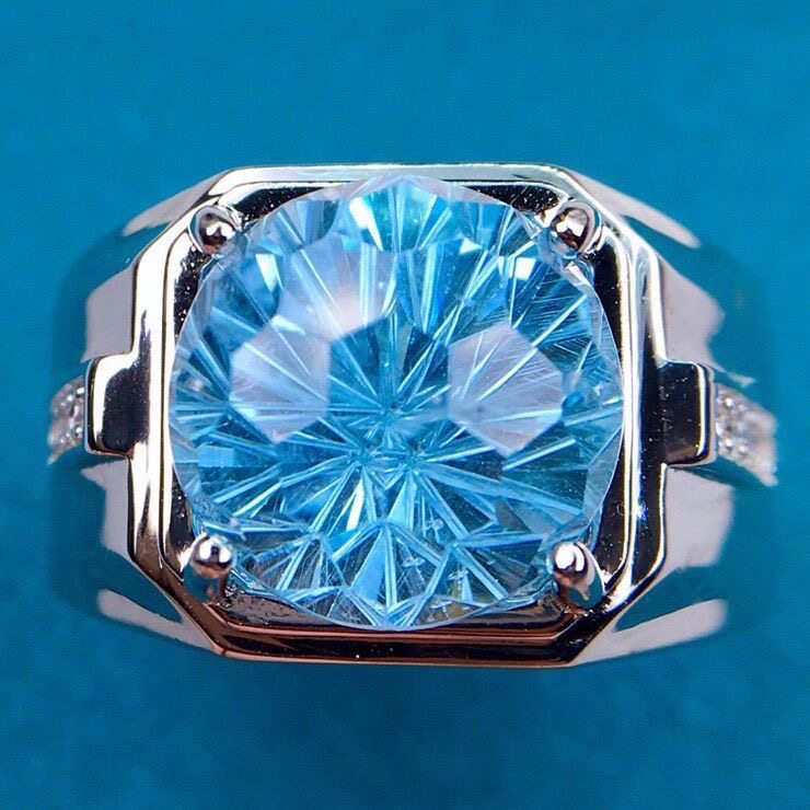 天然瑞士蓝托帕石18k镶嵌宝石10克拉钻戒指环霸气男款老板送男友
