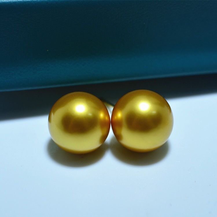 12-13mm澳南洋金珠耳环深金色海水珍珠耳坠钻石耳钉精品