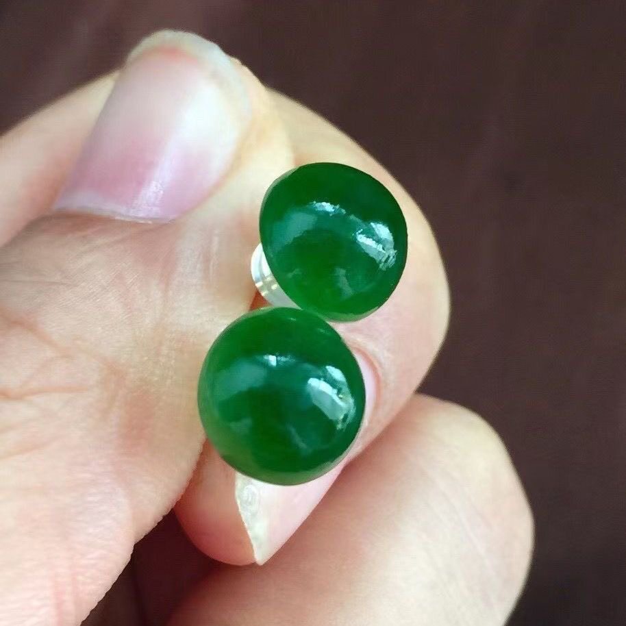 天然和田玉碧玉耳钉18K耳线耳坠玫瑰金菠菜绿蛋面耳饰耳勾招财袋