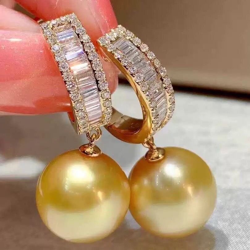 12-13mm澳南洋金珠耳深金色海水珍珠耳坠金钻石耳扣精品