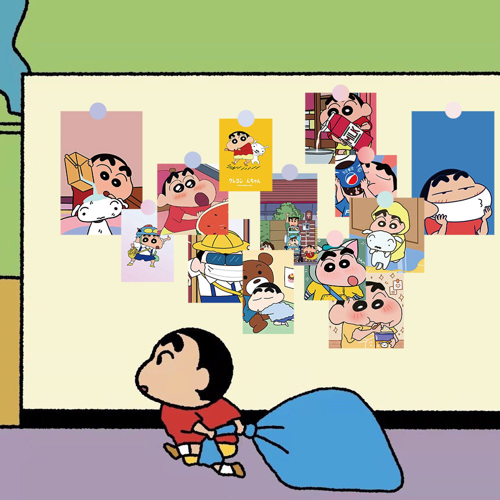 15张日系ins蜡笔小新明信片卡片墙贴装饰手账墙面冰箱插画贺卡