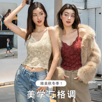 6099磨毛蕾丝吊带带胸垫锁温背心内搭外穿美背吊带背心文胸一体式