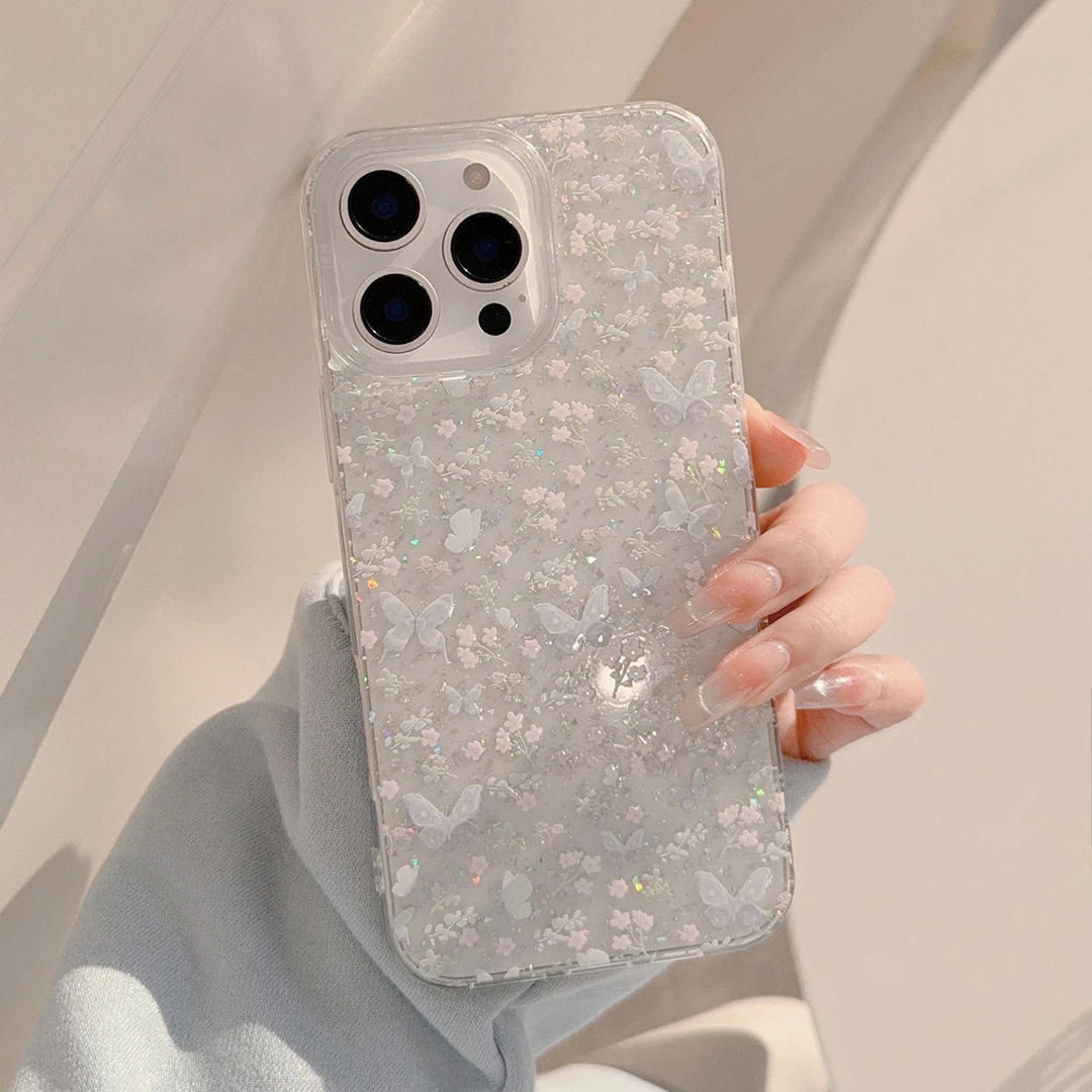 ins蝴蝶碎花适用苹果17/16promax手机壳iPhone 15闪粉IMD13清新14
