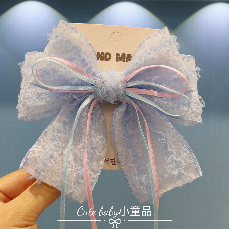 蓝色双层蝴蝶结飘带儿童发夹新款女童头饰发卡小女孩碎发刘海夹子