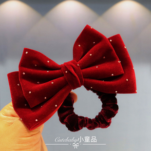 儿童红色新年丝绒蝴蝶结头饰发圈小女孩扎头绳高级感女童过年发饰