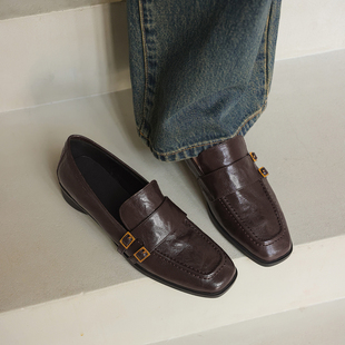 软羊皮乐福鞋女2026年春季新款真皮气质方头软底舒适平底小皮鞋女