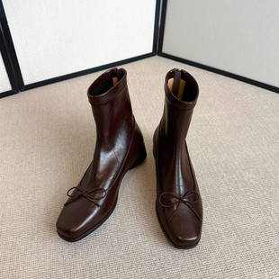 巨好看~3cm/真皮方头蝴蝶结弹力瘦瘦靴女后拉链低粗跟百搭短靴