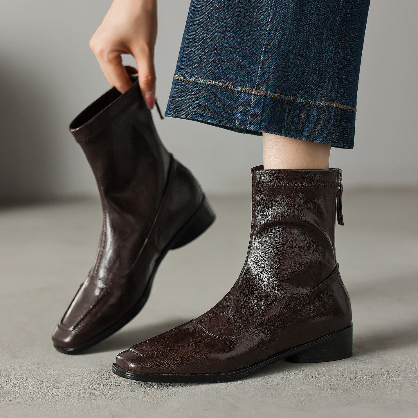 巨好穿~！秋冬新款羊皮方头显瘦低跟时装短靴女舒适百搭瘦瘦靴,女鞋,时装靴,淘宝优惠券,粉丝福利购,淘宝优惠卷