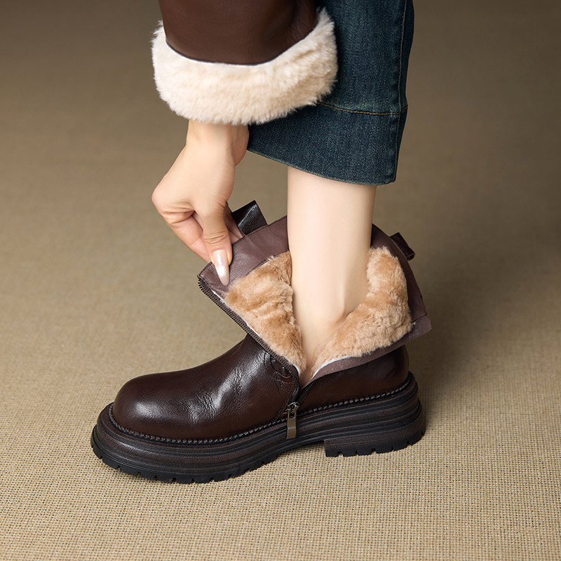法式复古厚底羊皮毛一体雪地靴女2025新款冬季加绒加厚马丁靴短靴,女鞋,马丁靴,淘宝优惠券,粉丝福利购,淘宝优惠卷