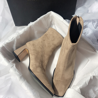 法式复古真皮方头高跟马丁靴女