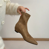 韩系穿搭 气质百搭内增高短筒靴 真皮尖头后拉链弹力瘦瘦靴女新款
