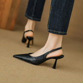 女细跟夏季 2025新款 法式 羊皮黑色高跟鞋 气质职业百搭尖头包头凉鞋