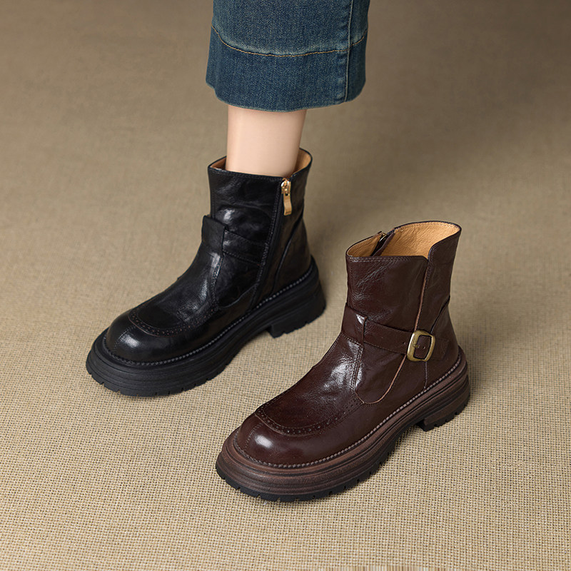 法式复古羊皮圆头侧拉链马丁靴女2025秋冬新款英伦风百搭厚底短靴,女鞋,时装靴,淘宝优惠券,粉丝福利购,淘宝优惠卷