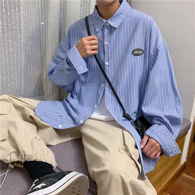 條紋貼標長袖襯衫新款春夏韓版潮流簡約情侶襯衣