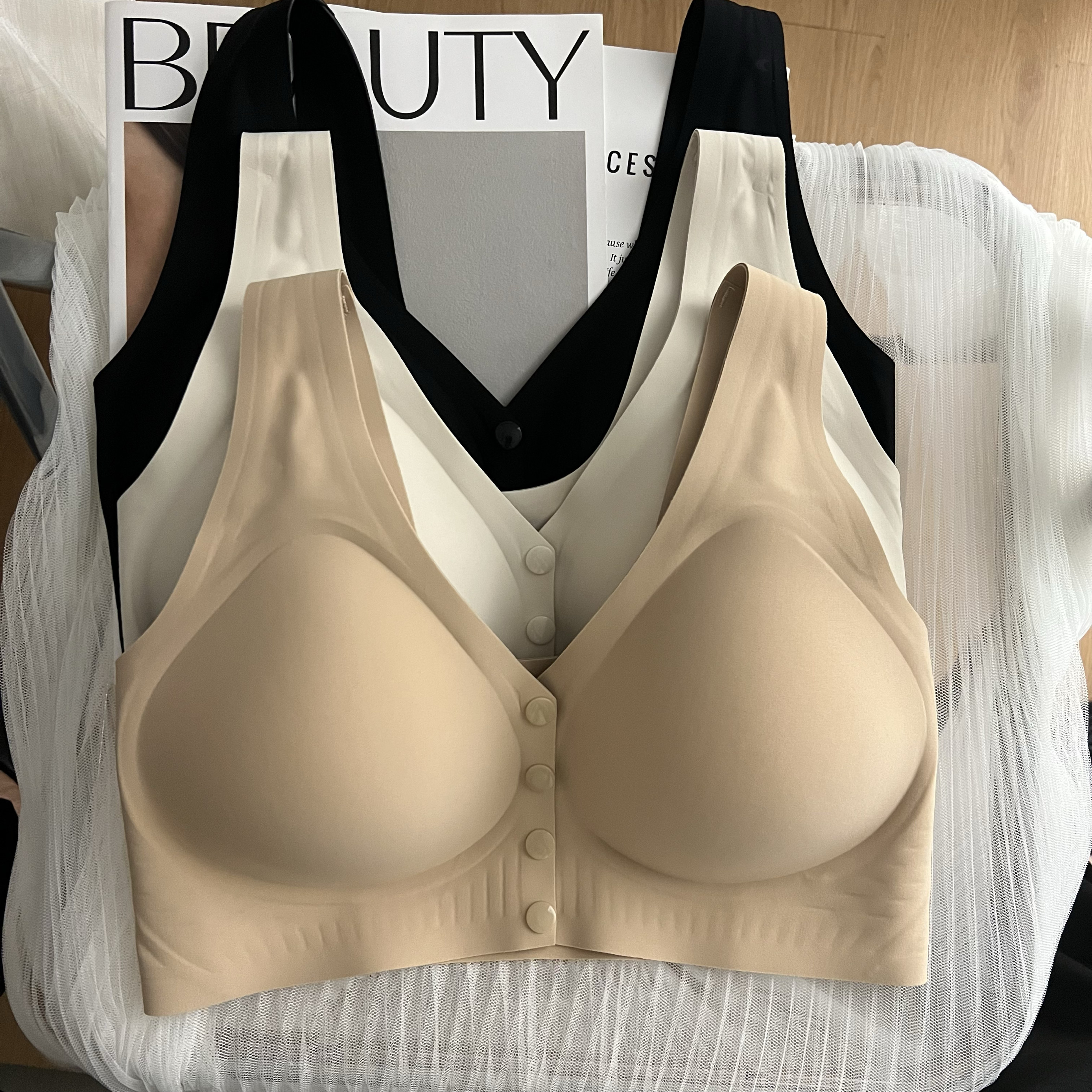 M88前开扣内衣女薄款大胸显小胸聚拢收副乳调整型无痕背心式文胸