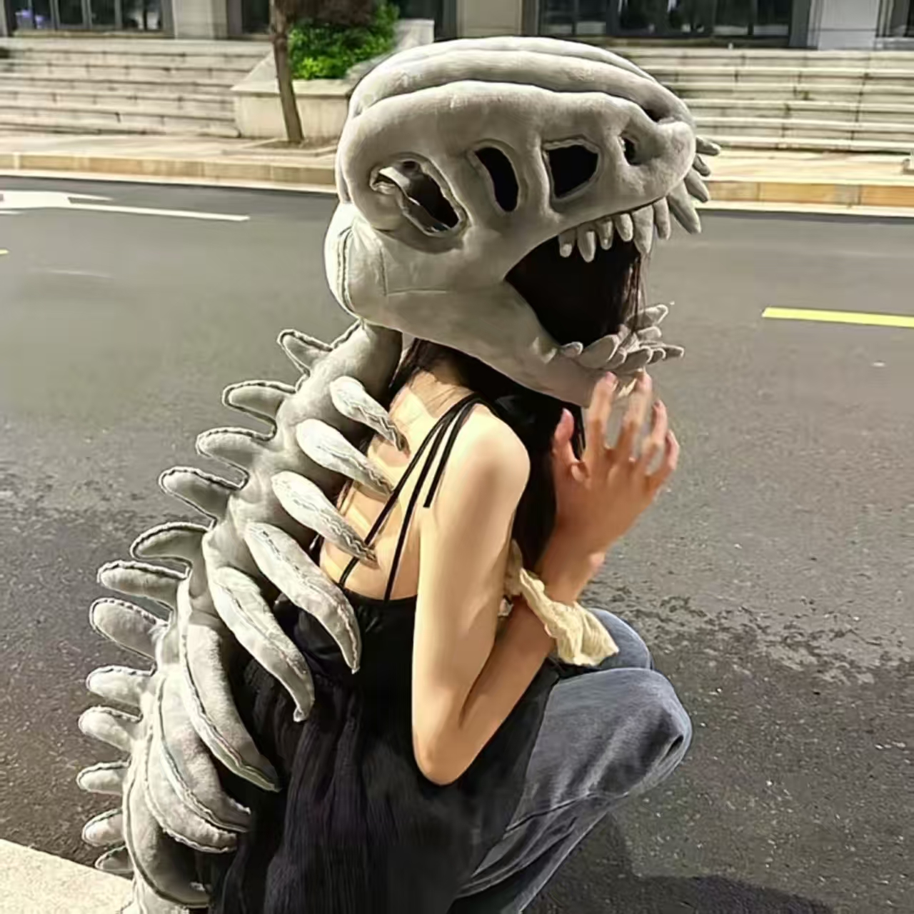 中华恐龙外骨骼头套骨架头骨仿真成人面具毛绒搞怪拍照衣服帽子