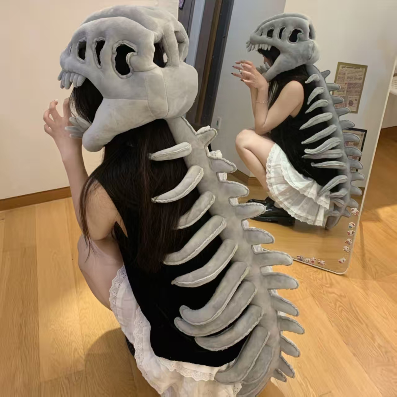 中华恐龙外骨骼头套骨架头骨仿真成人面具毛绒搞怪拍照衣服帽子