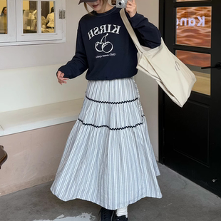 自在呼吸天丝棉松紧带条纹泡泡肌理高腰花边褶皱半身裙 现货