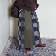 【现货】磨毛格子拼接阔腿裤日系文艺复古秋冬小众设计长裤