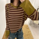 超舒服假两件设计感条纹拼接长袖 正确版 T恤秋冬打底内搭上衣