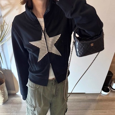 【正确版】个性星星贴布短款卫衣 双拉链立领卫衣修身开衫短外套