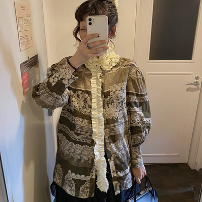 「现货」复古宫廷风蕾丝花纹褶皱花边衬衫女秋冬新款设计感衬衣