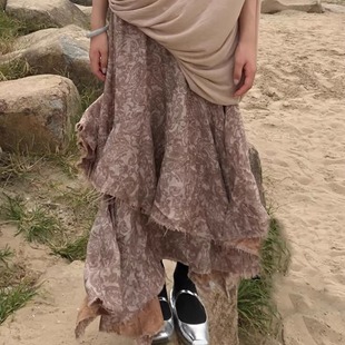 「现货」秋冬新款 腰果花双层半裙女不规则裙摆毛边松紧腰半身长裙