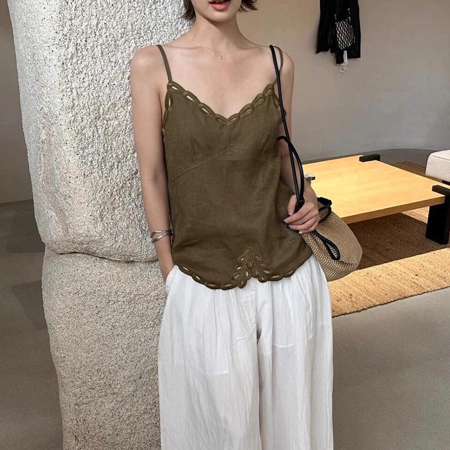 「现货」INS设计感镂空亚麻吊带背心高级感气质百搭休闲上衣