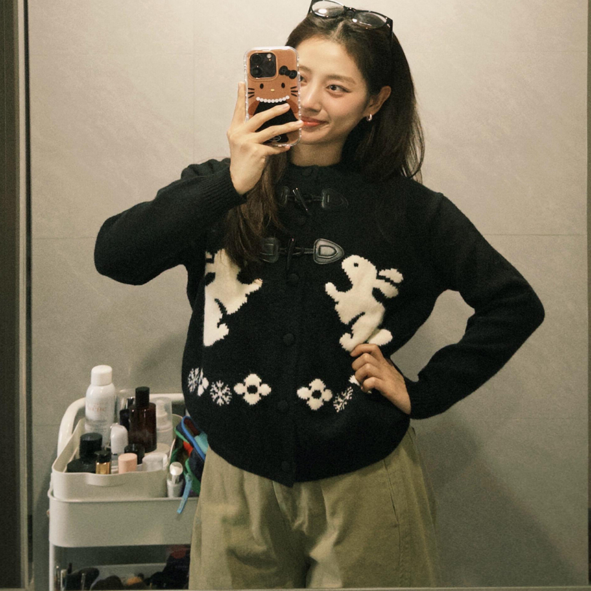 【正确版】慵懒风毛衣外套女秋季兔子绣花针织开衫牛角扣上衣潮