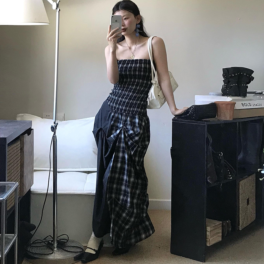 「正确版」两穿立体剪裁格纹抹胸连衣裙2025新款今年流行爆款长裙