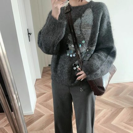 【现货】蝴蝶提花手缝亮片慵懒风羊驼毛针织衫厚毛衣女冬装新款