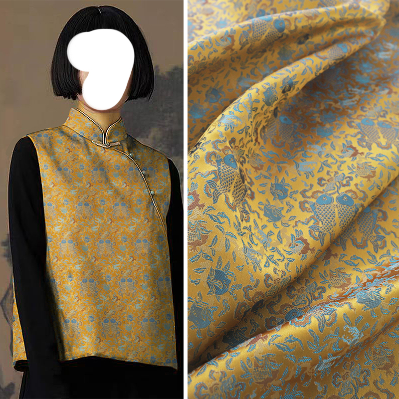 《FS032双鱼花》中式新宋锦服装布料国风马甲上衣旗袍袖口面料