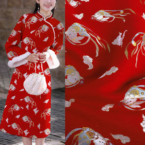 《SR006祥云瑞兔》雪尼尔丝绒童装拜年服布料金丝提花服装面料