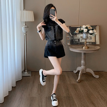 复古女装2025新款洋气衬衫女款外穿高腰时尚黑色渐变牛仔短裤套装