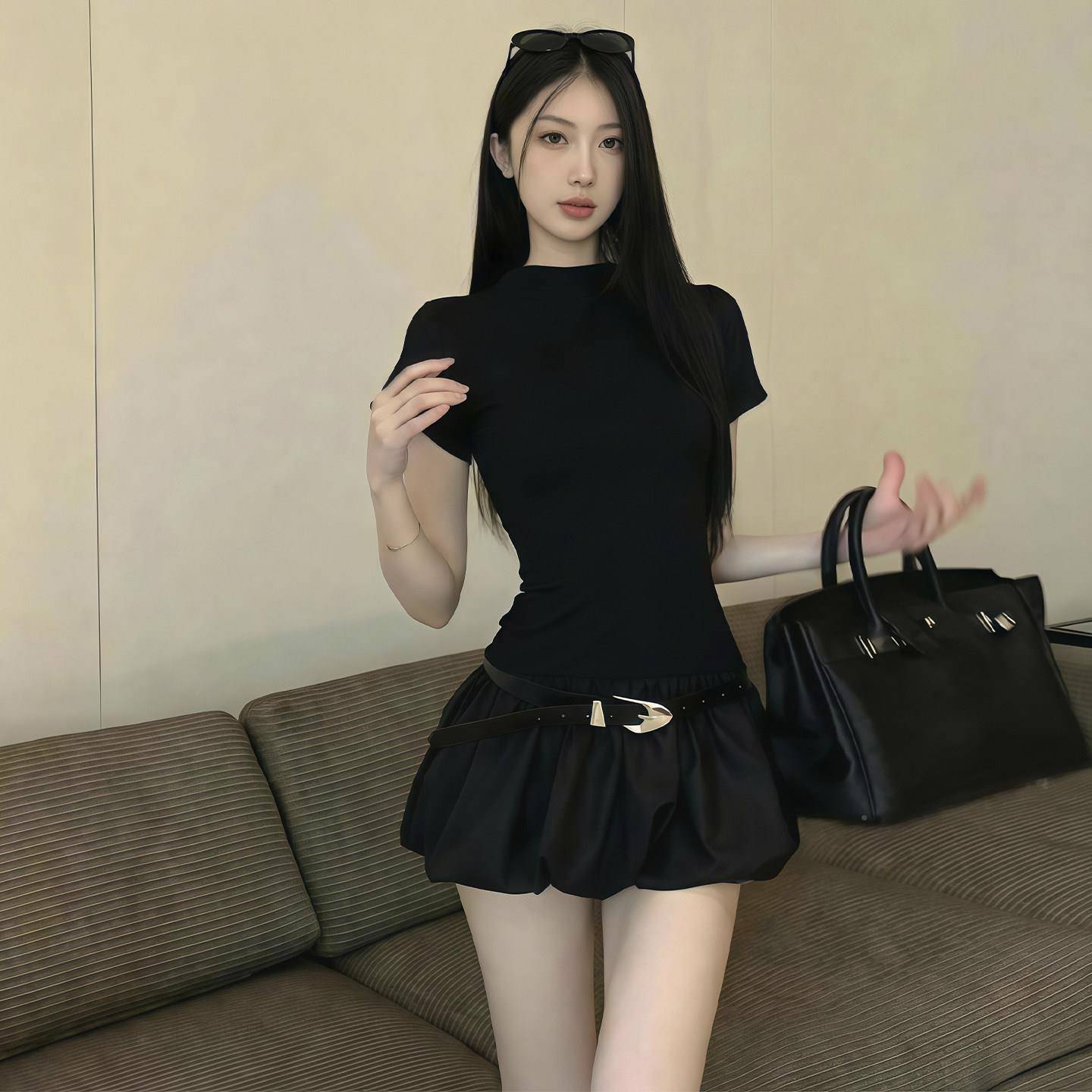 辣妹修身显瘦A掐小黑裙子女夏季短款收腰ECF色字腰花苞黑蓬蓬连衣
