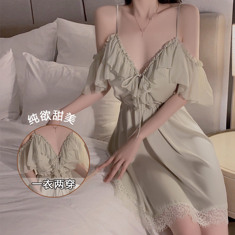 瑰若新款大码缎面蕾丝拼接低胸聚拢加胸垫两穿吊带睡裙家居服3766
