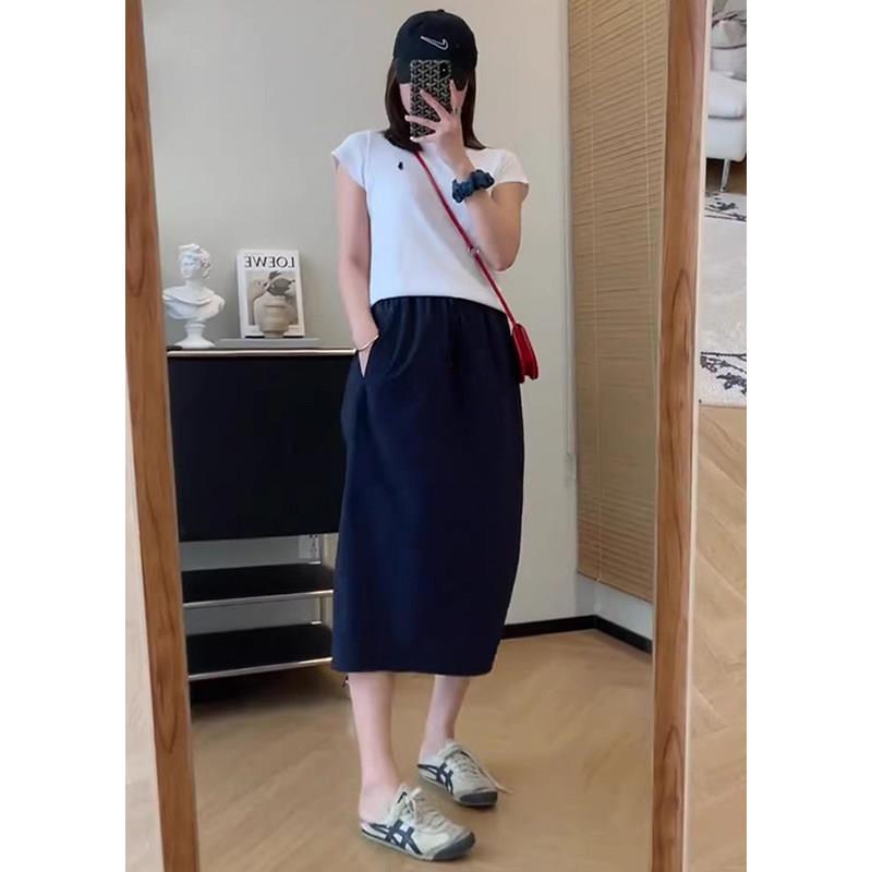 藏Y2024070青色宽山裙系休闲 半身女夏季薄款抽绳高腰开 叉速干