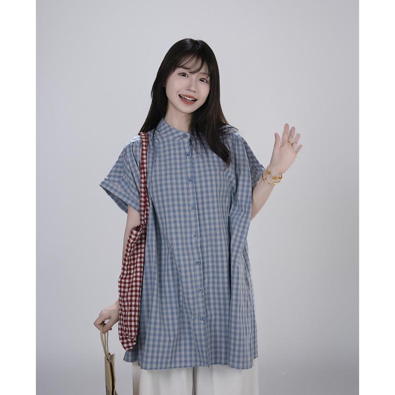 艺系野文艺复古圆领色小格子短蓝袖洋装女mc-39短夏小清新 宽松衬