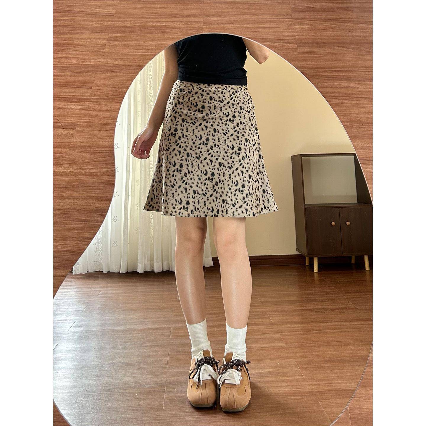 大胖mm咖季色光9312豹纹半身裙女夏复古码微胖显瘦防走印花A字裙