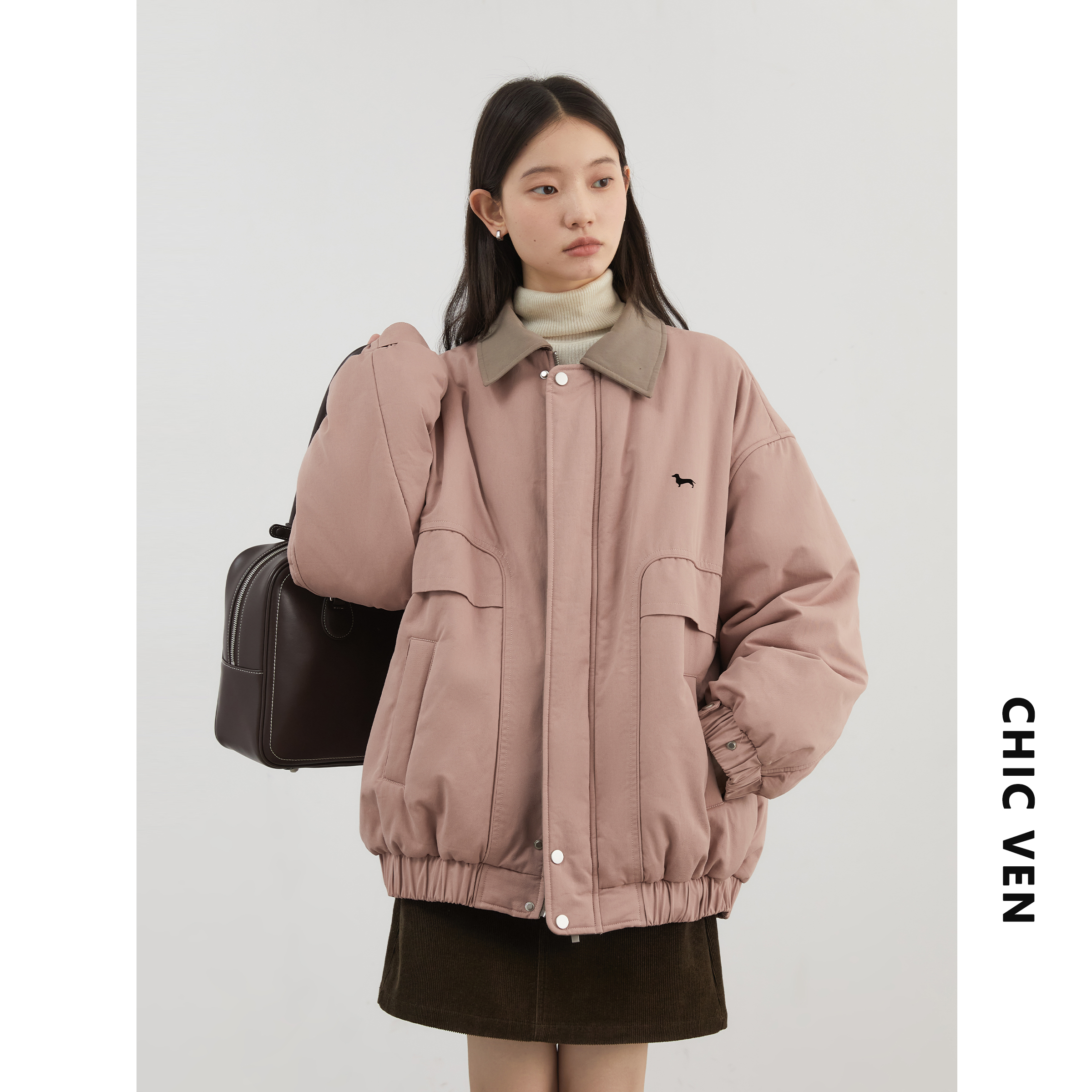 CV大码女装 冬新款翻领天丝棉撞色加厚夹克棉服工装棉袄外套胖MM